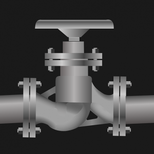 A grey vector image of several pipes coming together towards a faucet.